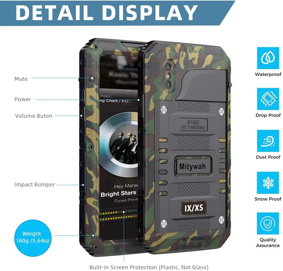 Mitywah Funda a prueba de golpes compatible con iPhone XXS, funda protectora de cuerpo completo impermeable con aleación de aluminio resistente a