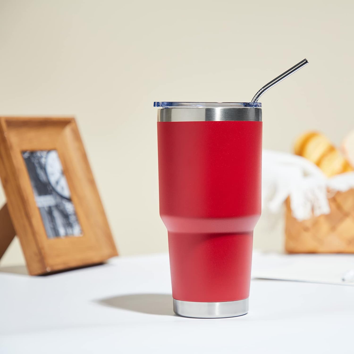 MEWAY Vaso de 30 onzas con aislamiento al vacío de doble pared, vaso de acero inoxidable con tapa, revestimiento de polvo duradero, taza de café