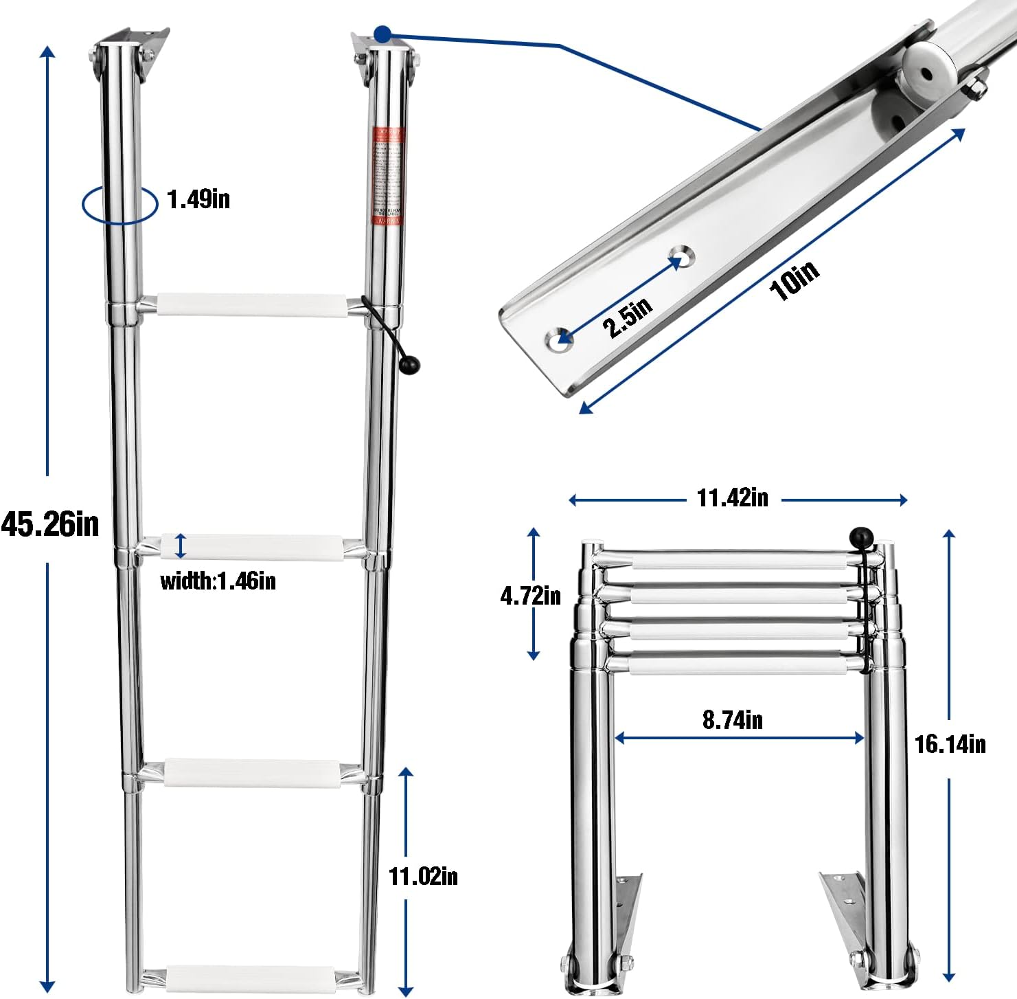 YOUNG MARINE Escalera telescópica y plegable de acero inoxidable de 4 escalones con estribo de plástico blanco, montaje sobre plataforma