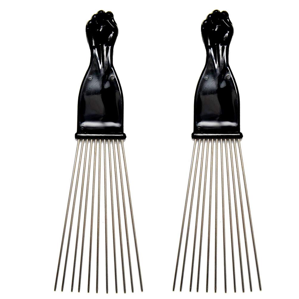 (2 unidades) 9 pulgadas negro puño metal Afro Pick Lift peine desenredar peluca trenzado cabello hombre peinado peine