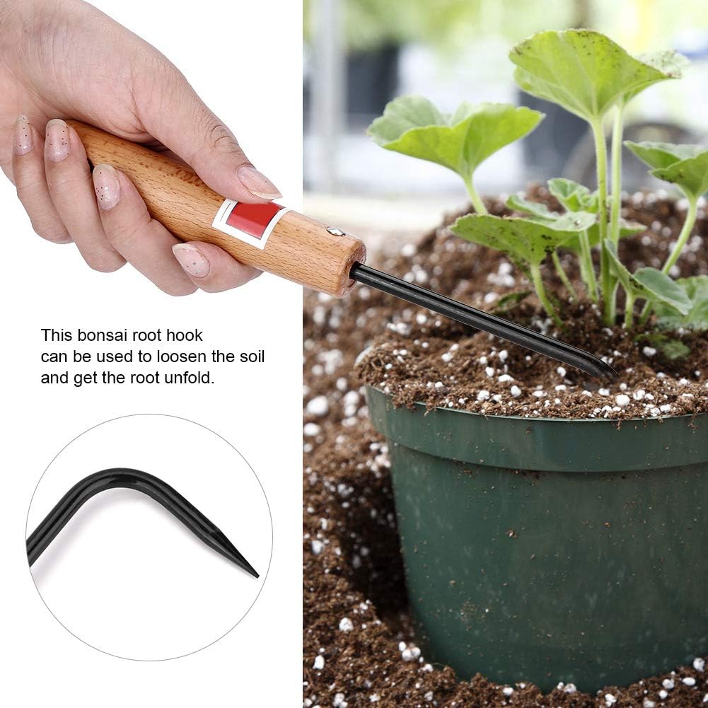 AYNEFY Gancho de raíz de bonsái, rastrillo de jardinería con mango de madera, herramienta de recogida de raíces de bonsái, herramienta de trasplante