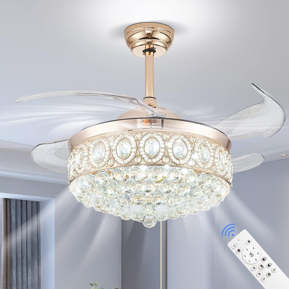 Ventiladores de techo de cristal de 42 pulgadas con luces, moderno ventilador de techo LED regulable con control remoto de hoja retráctil, 6