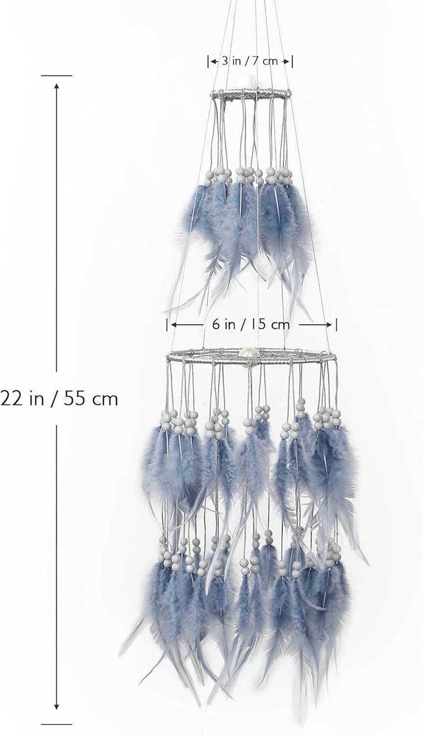Dremisland Atrapasueños de plumas blancas de doble círculo con luces LED móviles, adornos para colgar en la pared, decoración de techo para