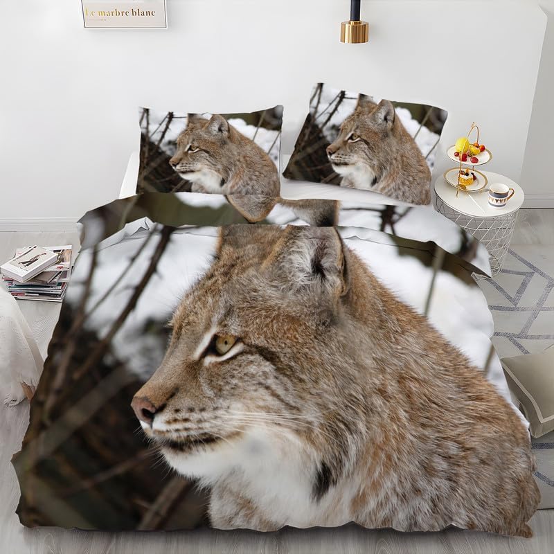 White Small Animals California King Duvet Cover Lynx Print Bedding Soft Microfiber Comforter Cover and 2 Pillow Shams 20″X36″, Bed Set Duvet Covers