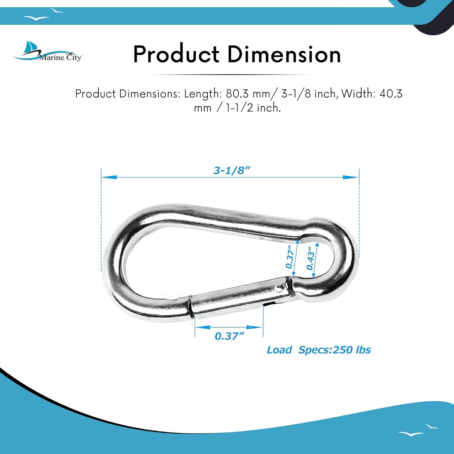 MARINE CITY Mosquetón de acero inoxidable de grado 316 con anillo de 3-18 pulgadas para escalada, pesca, senderismo, barco, vela, campamento