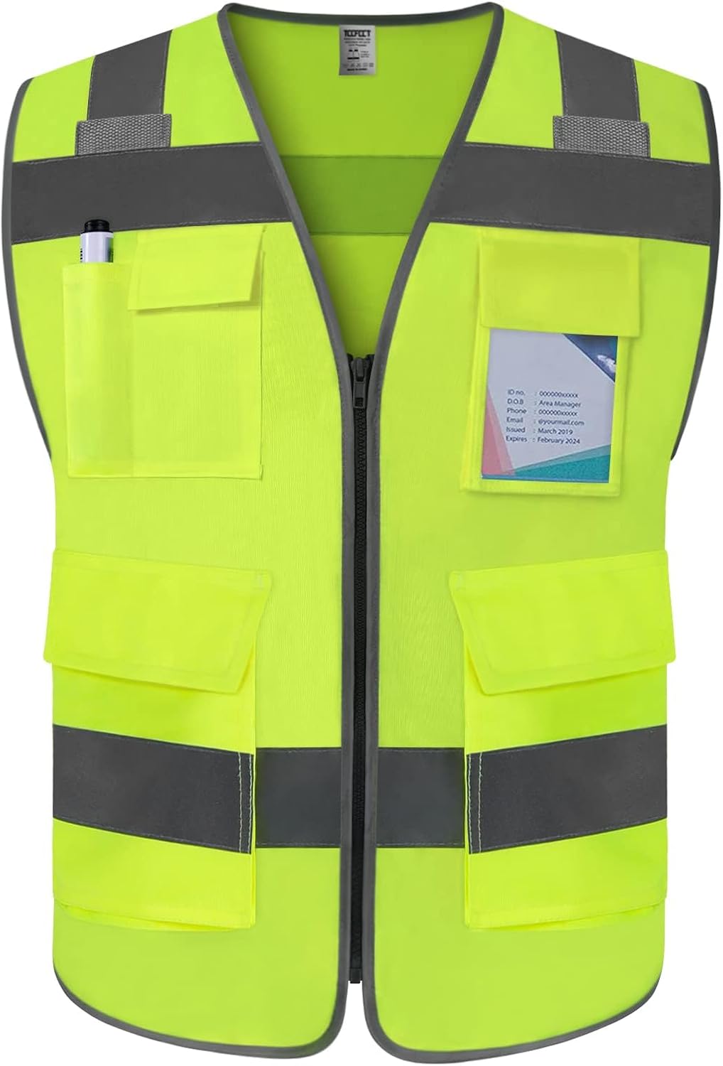 TCCFCCT Chaleco de seguridad reflectante de alta visibilidad con 5 bolsillos con cremallera, chaleco de trabajo Hi Vis, con tira horizontal para
