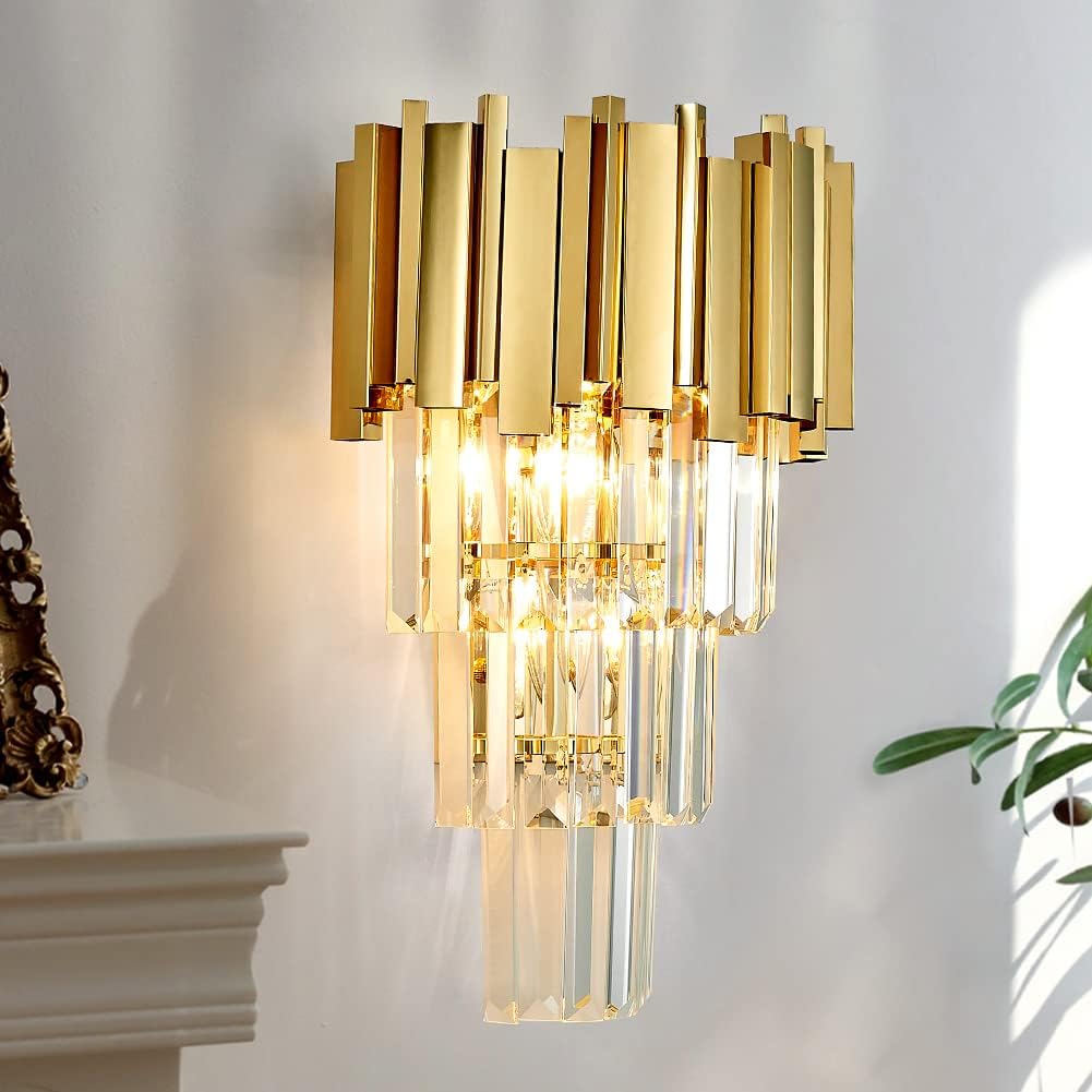 Modernas luces de pared de cristal dorado, W12 H18, 3 luces, apliques de iluminación, lámparas de pared para sala de estar, dormitorio