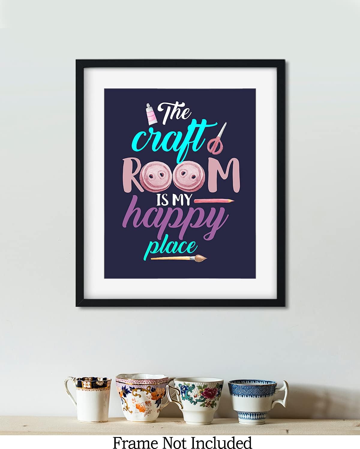 Govivo The Craft Room Is My Happy Place – Una bonita decoración de pared para sala de manualidades con un fondo azul oscuro, obra de arte sin marco