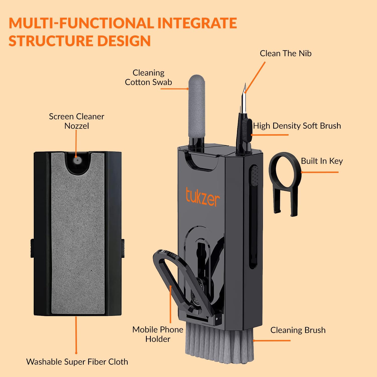 Tukzer Kit de limpieza multifuncional 8 en 1 con bolígrafo de limpieza 3 en 1, spray limpiador de pantalla, cepillo de limpieza para teclado,