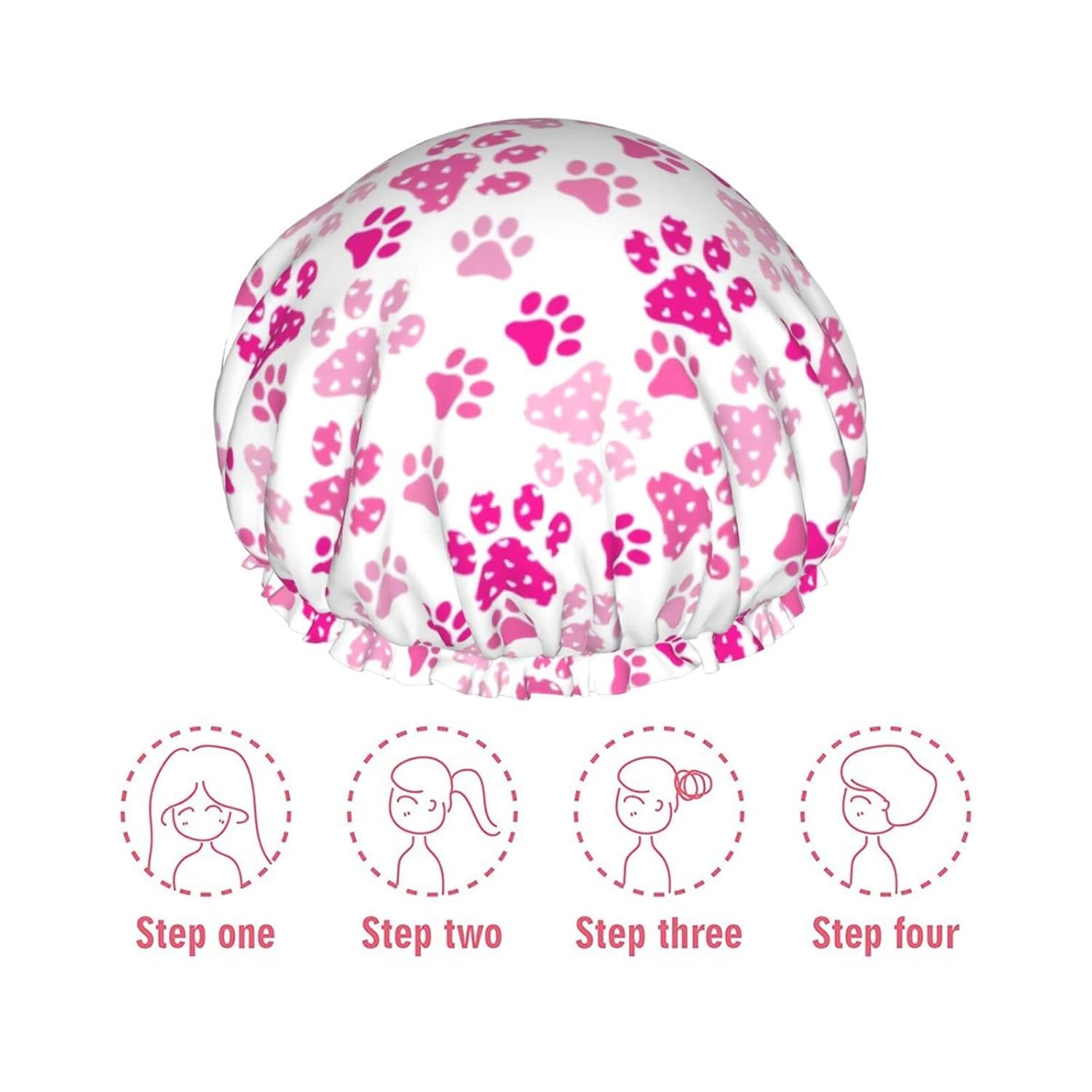 Gorro de ducha con estampado de pata de perro, color rosa, ajustable, doble capa impermeable, sombrero de ducha para baño, protección para el