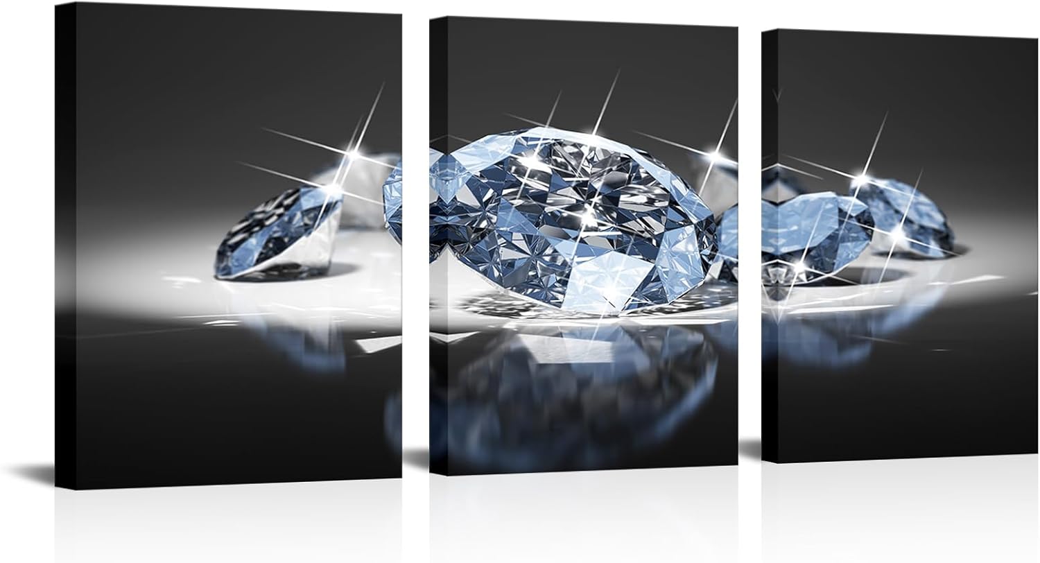 Biuteawal Arte de pared blanco y negro de 3 paneles, diamantes de lujo sobre fondo negro, impresión sobre lienzo, pintura de moda, decoración del
