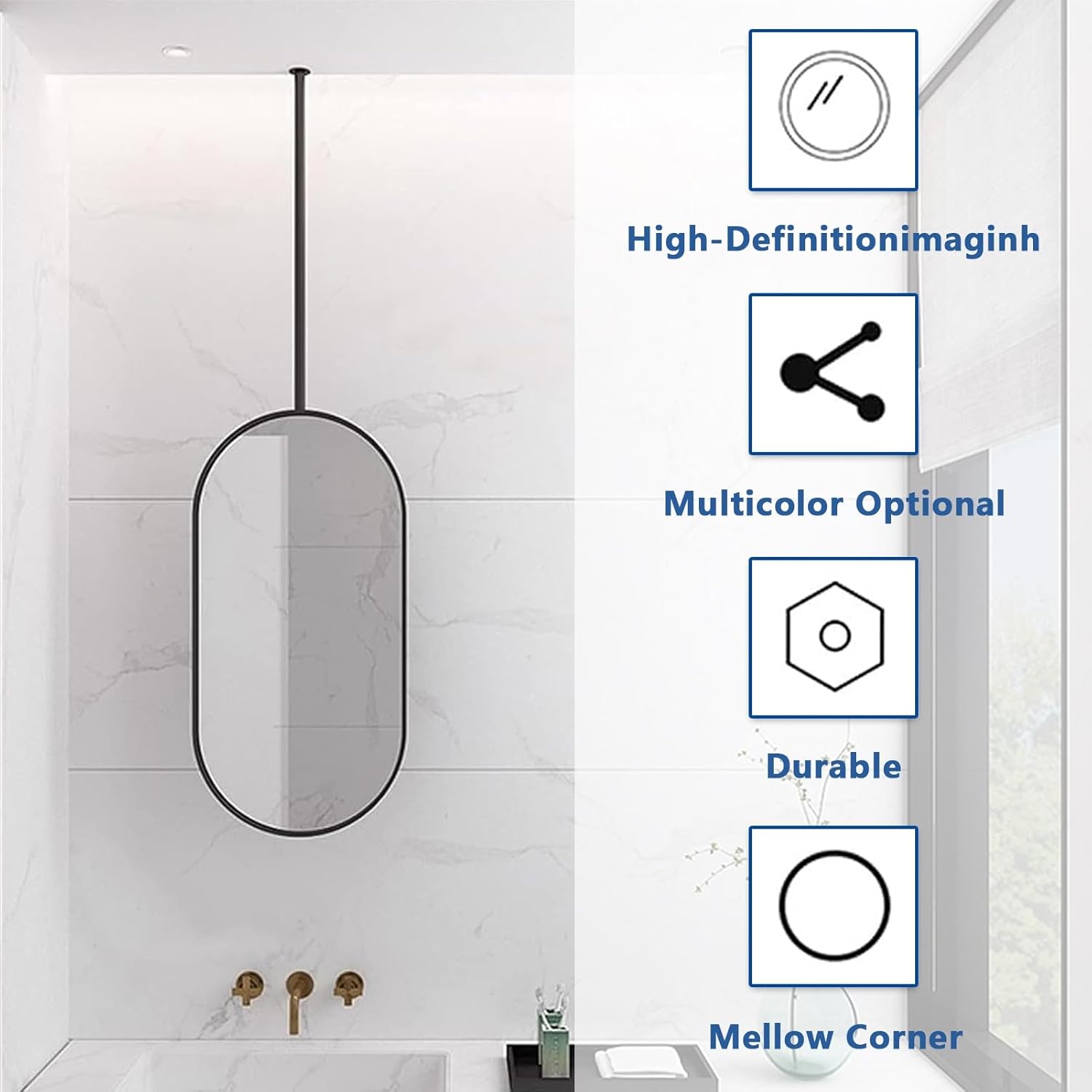 Espejo ovalado para colgar en el techo, espejo de baño negro para montar en la pared con barra para colgar en el techo, espejos de maquillaje con