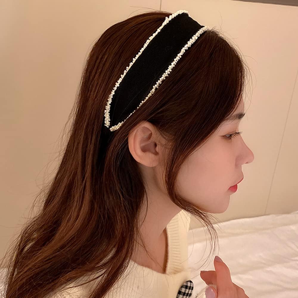 Diadema ancha con cuentas simples, diadema con cuentas para el cabello, banda elástica negra para mujeres y niñas