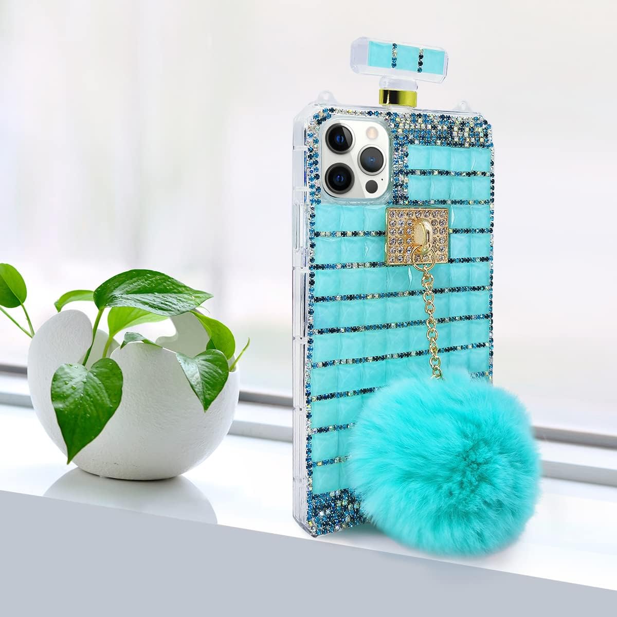 Losin Compatible con iPhone 15 Pro Max Bling Case Luxury 3D Perfume Bottle Design para mujeres y niñas con correa de cordón cruzado y bonita bola