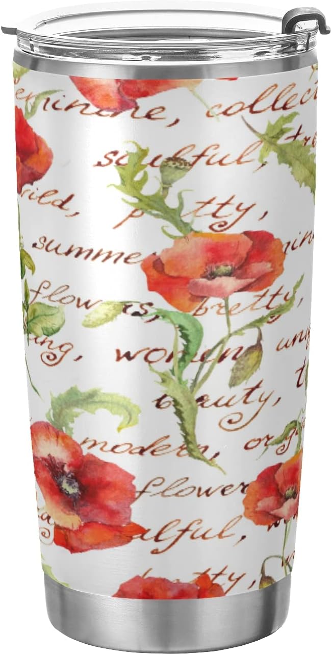 ALAZA Vintage Floral Poppy Flowers with Letters Tumbler with Lids and Straws,Reusable Stainless Steel Vacuum Insulated Tumbler Cup,Iced Coffee