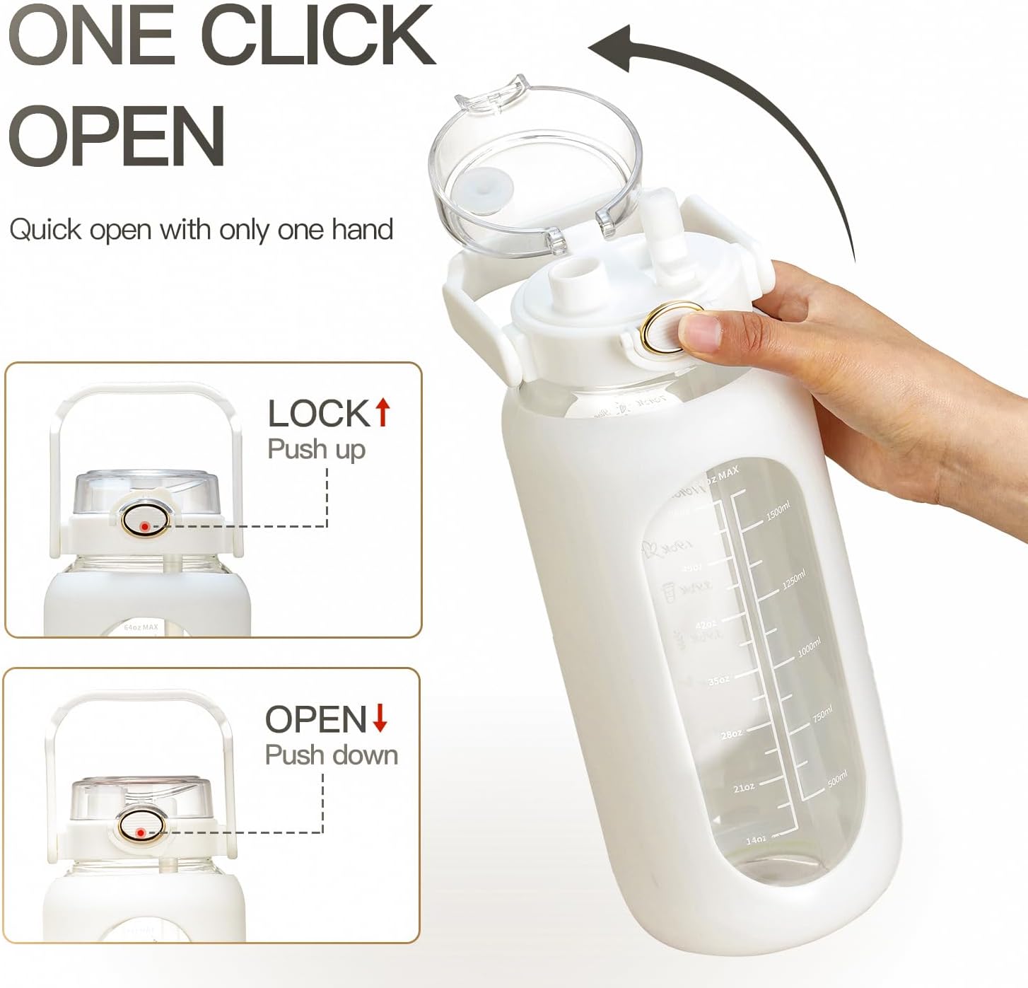 chunmo Pernos de agua de vidrio de 42 oz52 oz64 oz con pajilla, botella de agua motivacional grande de medio galón con marcador de tiempo, botellas
