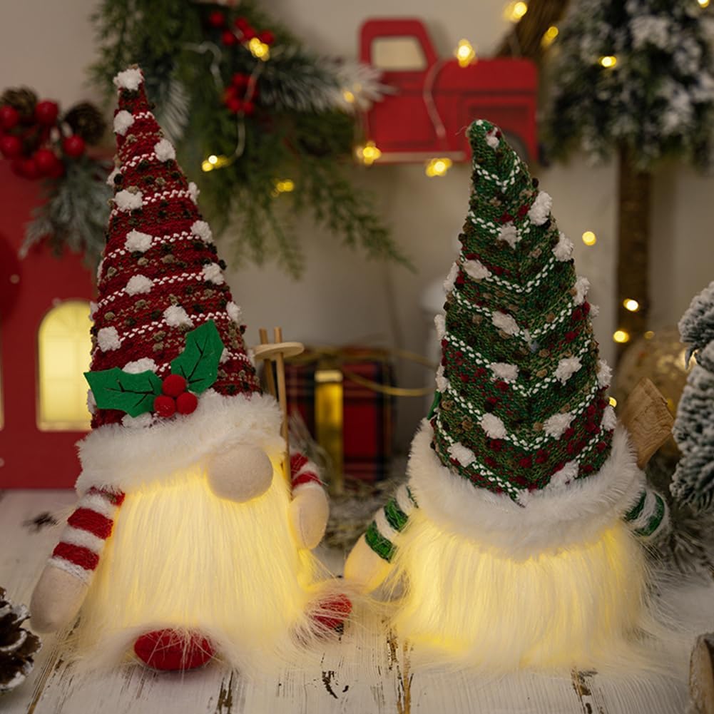 FIALAME Paquete de 2 gnomos de Navidad iluminados para decoración de muñecas de felpa para el hogar, adornos de mesa, muñeca elfo con luces LED,