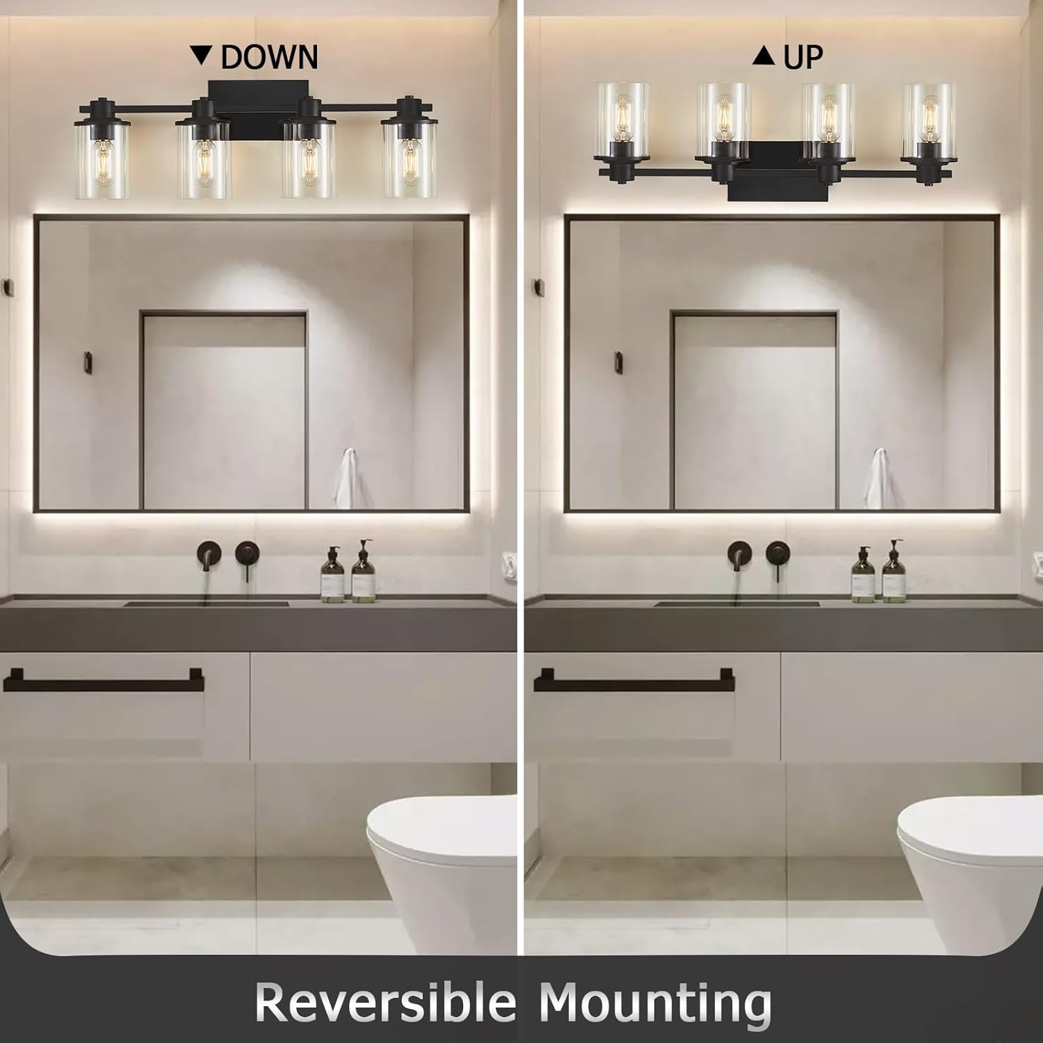 DUJAHMLAND Lámpara negra para tocador de baño, 4 luces, lámpara de tocador de baño sobre espejo, luz de tocador con pantalla de vidrio transparente,