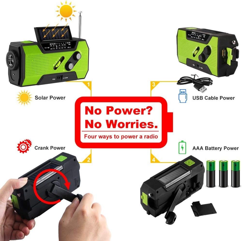 Radio solar de emergencia con luz de lectura LED Radio FM de manivela de mano 2000 mAh Banco de energía 3W linterna luz de lectura y campamento