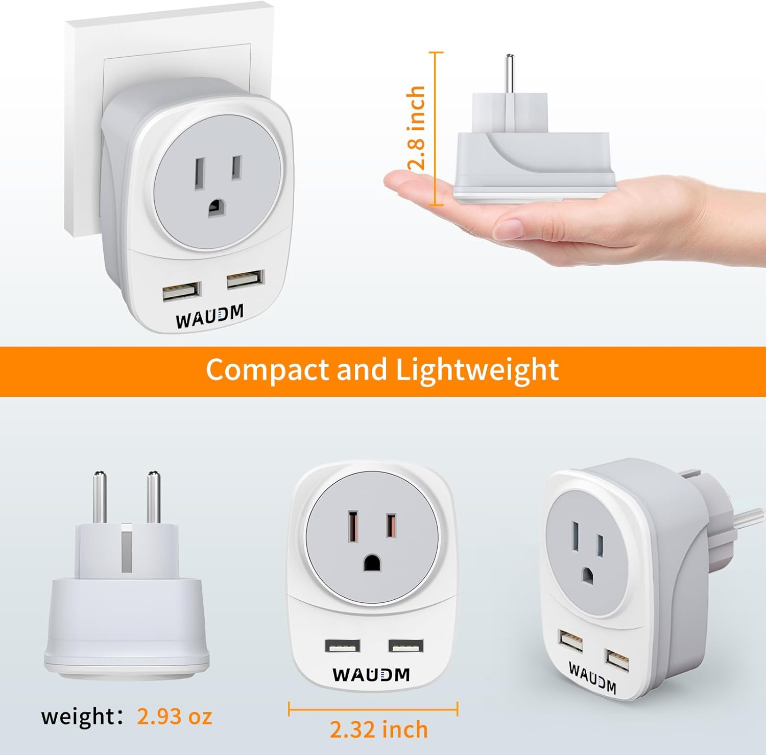 Adaptador de corriente de viaje de Alemania Francia, convertidor de enchufe tipo EF con 2 puertos USB y 2 puertos USB C, 1 toma de CA, adaptador de