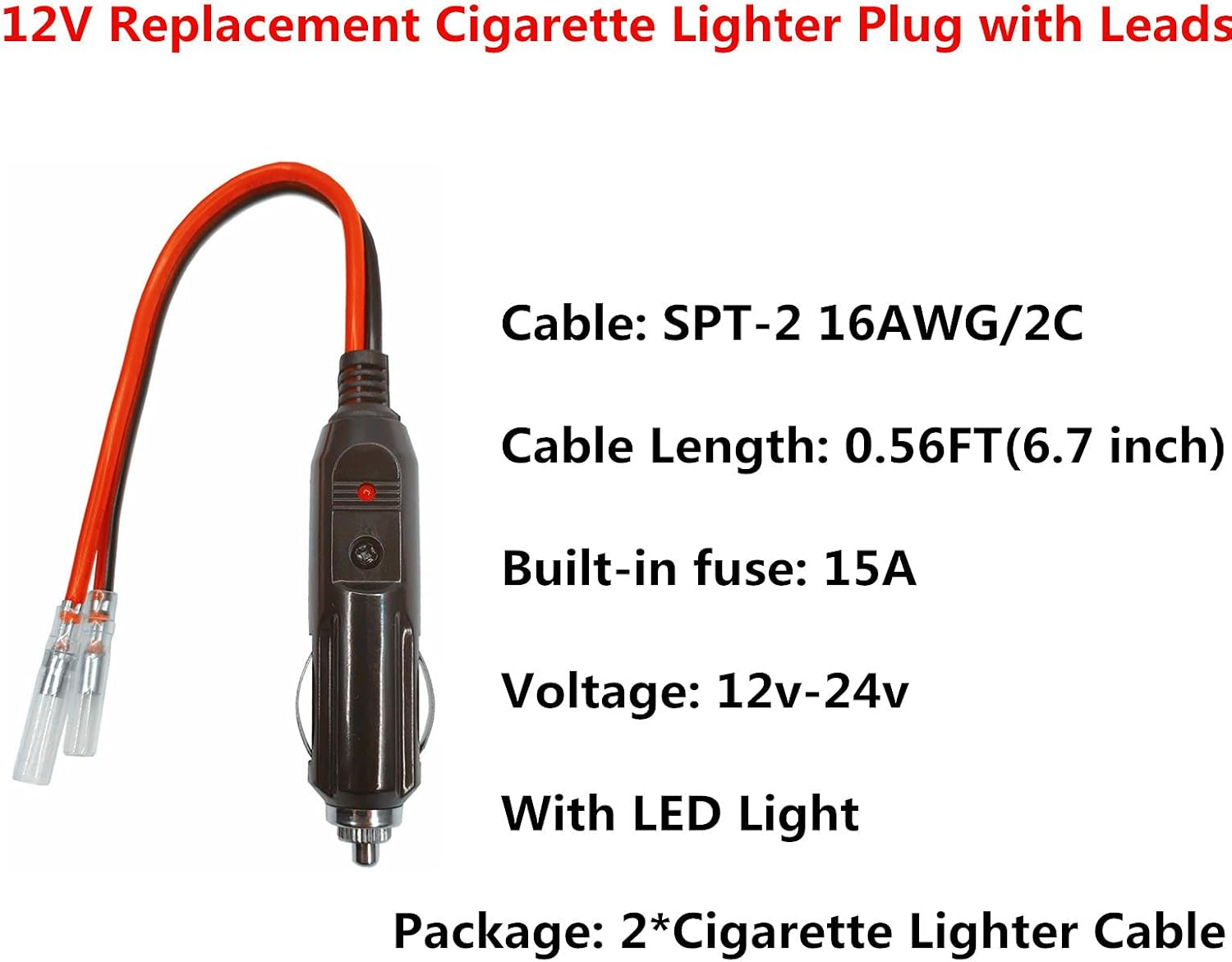 LECODO Enchufe macho de repuesto para encendedor de cigarrillos de 12 V y 24 V con cables, accesorios de fuente de alimentación, cable adaptador de