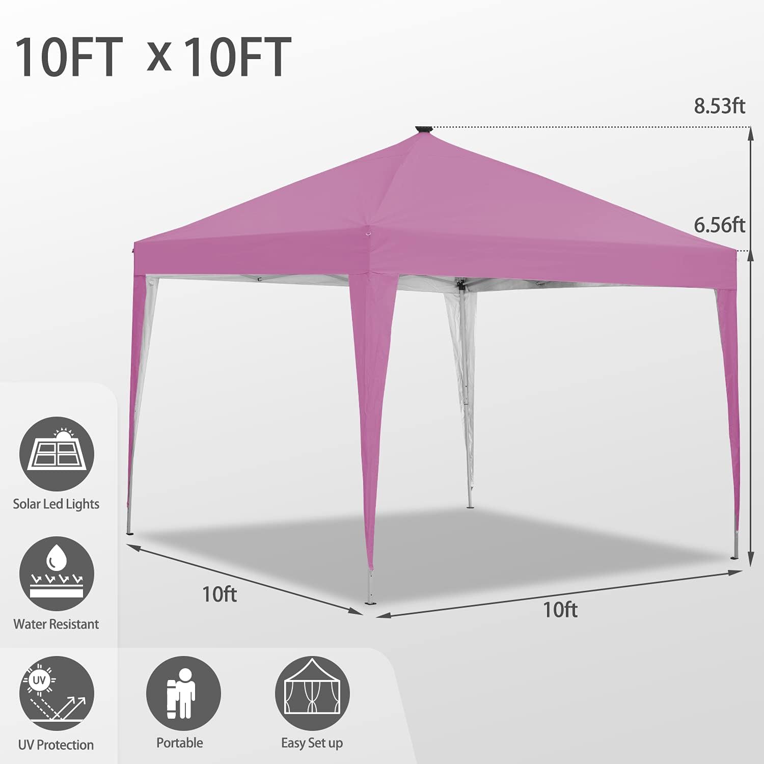 Tienda de campaña con toldo desplegable de 10 x 10 pies, luz LED, portátil, para fiesta trasera, color rosa