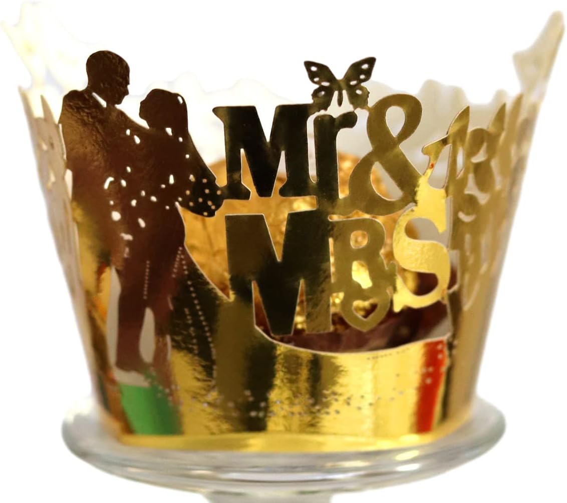 100 envoltorios de magdalenas de MR & MRS, papel artístico para hornear pasteles, papel de encaje cortado con láser, envoltorios para cupcakes,