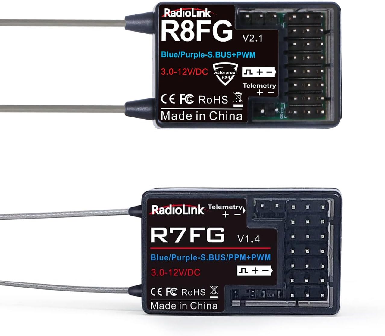 Radiolink 2.4Ghz R8FG V2.1 3ms Latencia y R7FG Receptor Giroscopio con telemetría de voltaje, RX impermeable para RC Crawler Car Boat Radio