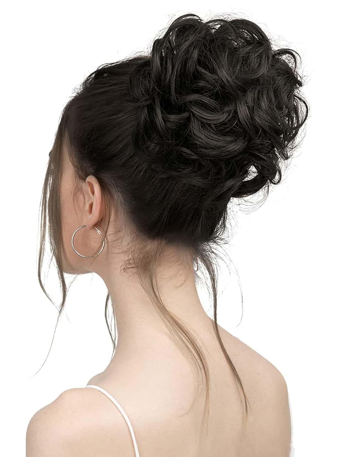 Extensiones de pelo sintético ondulado negro con clip para moño, 10 pulgadas