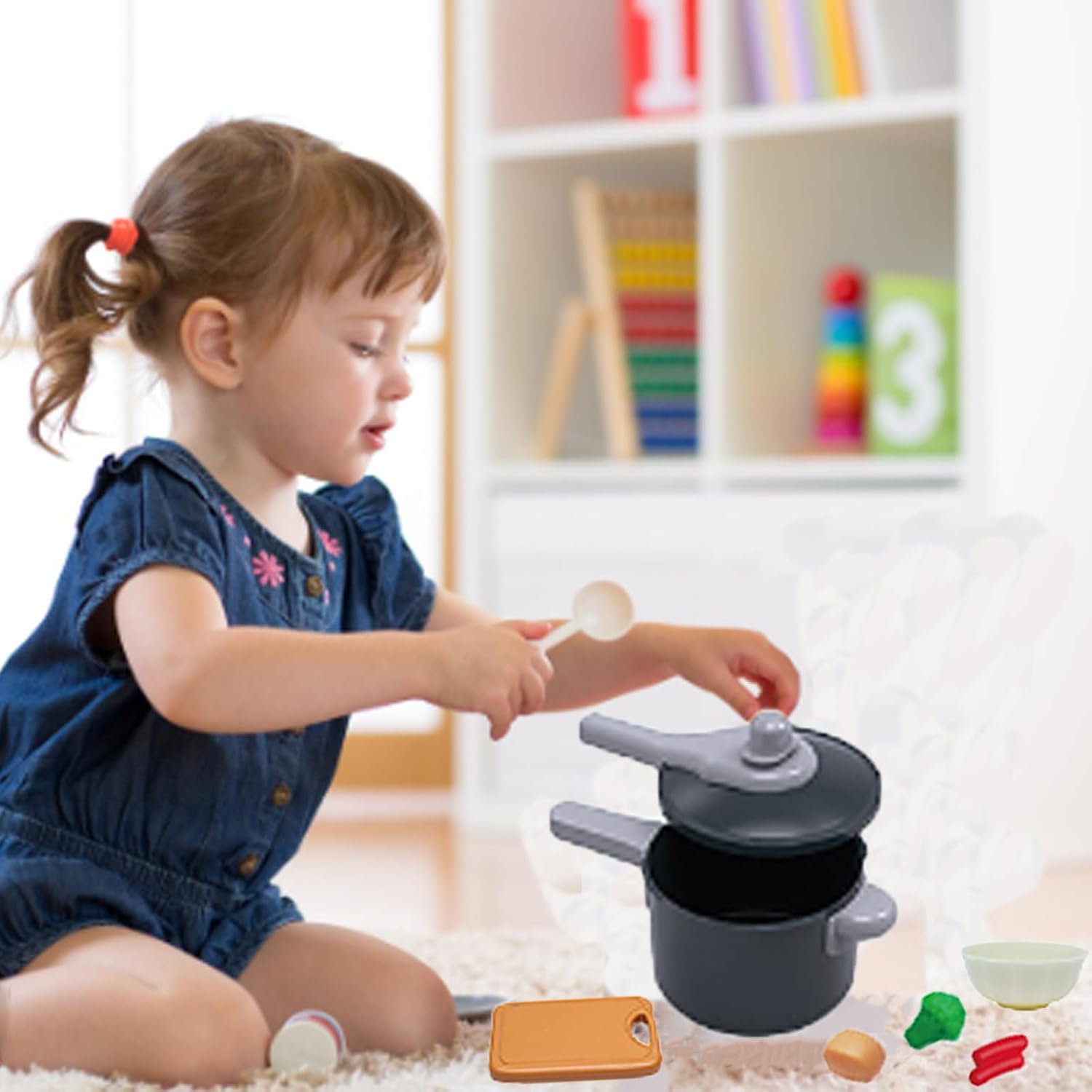 Juego de 61 accesorios de cocina para niños, juego de cocina para niños pequeños con ollas y sartenes, utensilios de cocina, juguetes de corte,