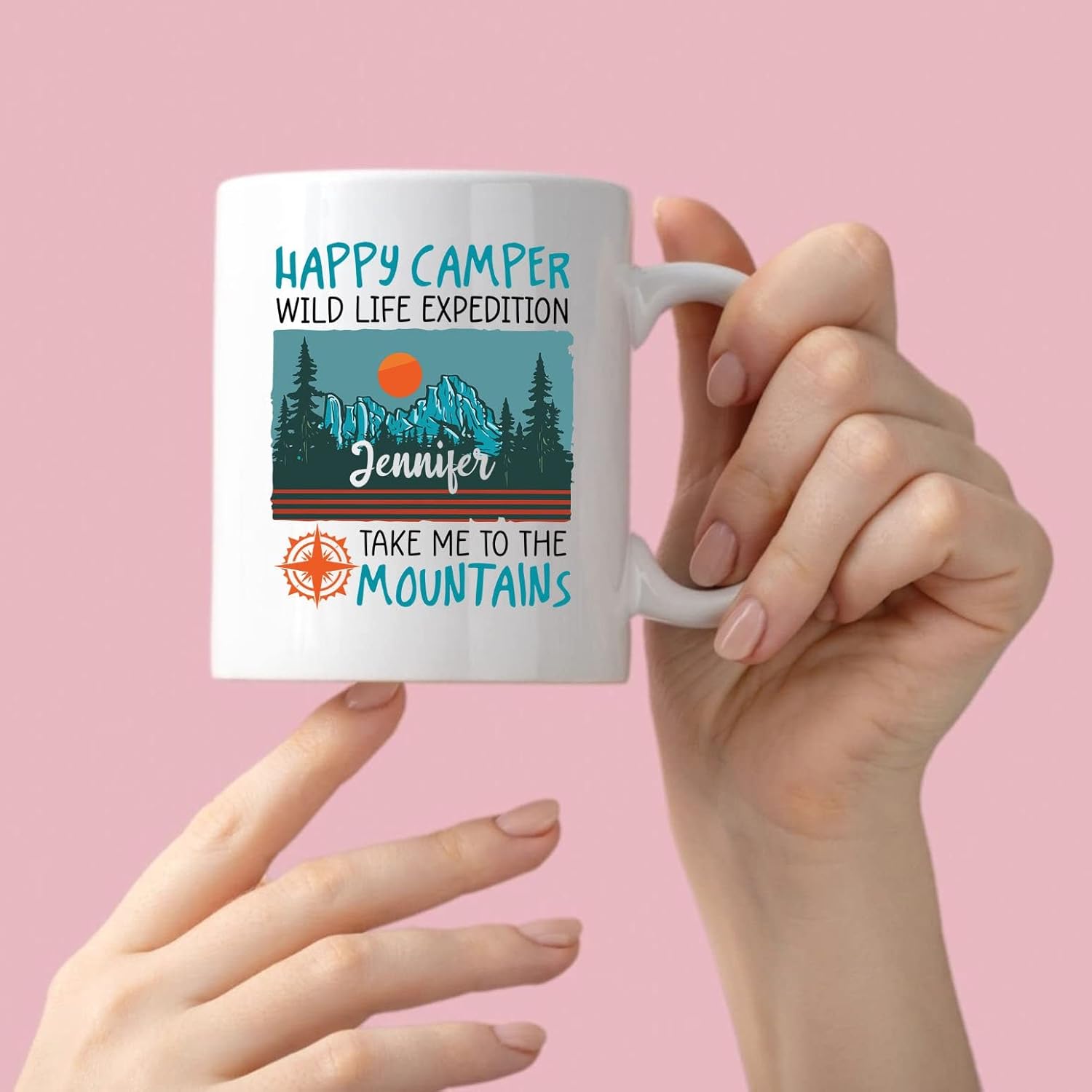 Taza de café con texto en inglés Happy Camper Wild Life Expedition Take Me To The Mountains, taza de campamento, regalos de campamento