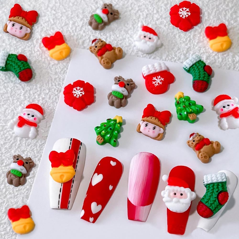 20 dijes de uñas de Navidad con dibujos animados 3D, árbol de Navidad, Papá Noel, muñeco de nieve, campanas, alce, copos de nieve, adornos de uñas
