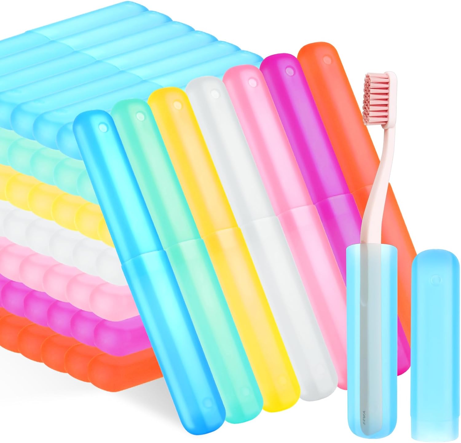 Estuche de viaje para cepillos de dientes de 70 piezas, 7 colores, soporte de almacenamiento portátil para cepillos de dientes a granel de plástico