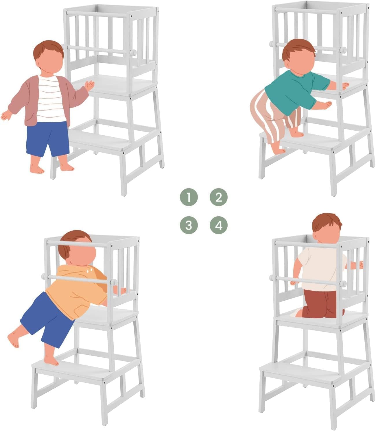 COSYLAND Taburete de cocina para niños con guantes, barandilla de seguridad extraíble anticaída, alfombrilla antideslizante para pie, taburete de