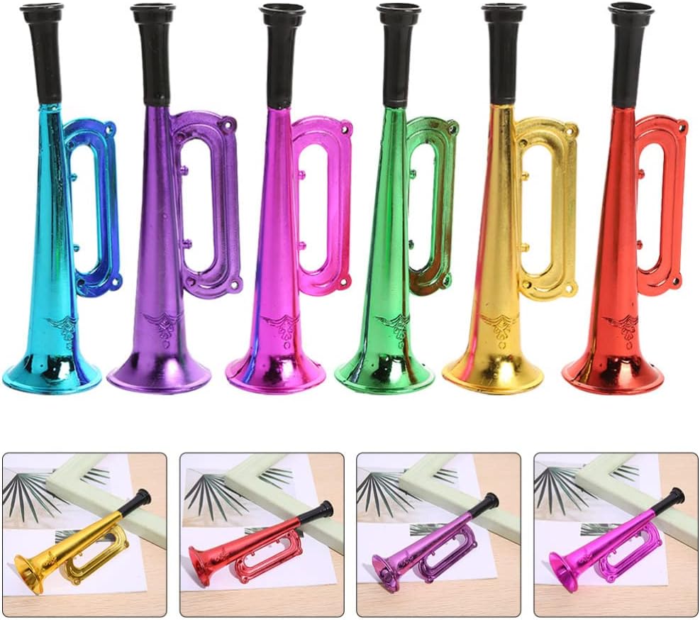 TOYANDONA 6 juguetes metálicos de trompeta, instrumento de trompeta para niños, instrumentos musicales de plástico para fiestas y eventos, recuerdos