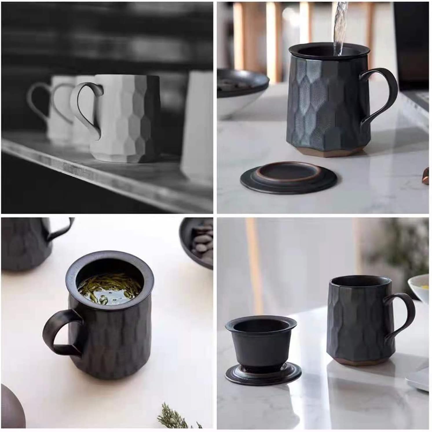 globe faith Taza de té de cerámica con infusor y tapa, taza de té de infusión de hojas sueltas de gres y filtro de cesta para el hogar, oficina o