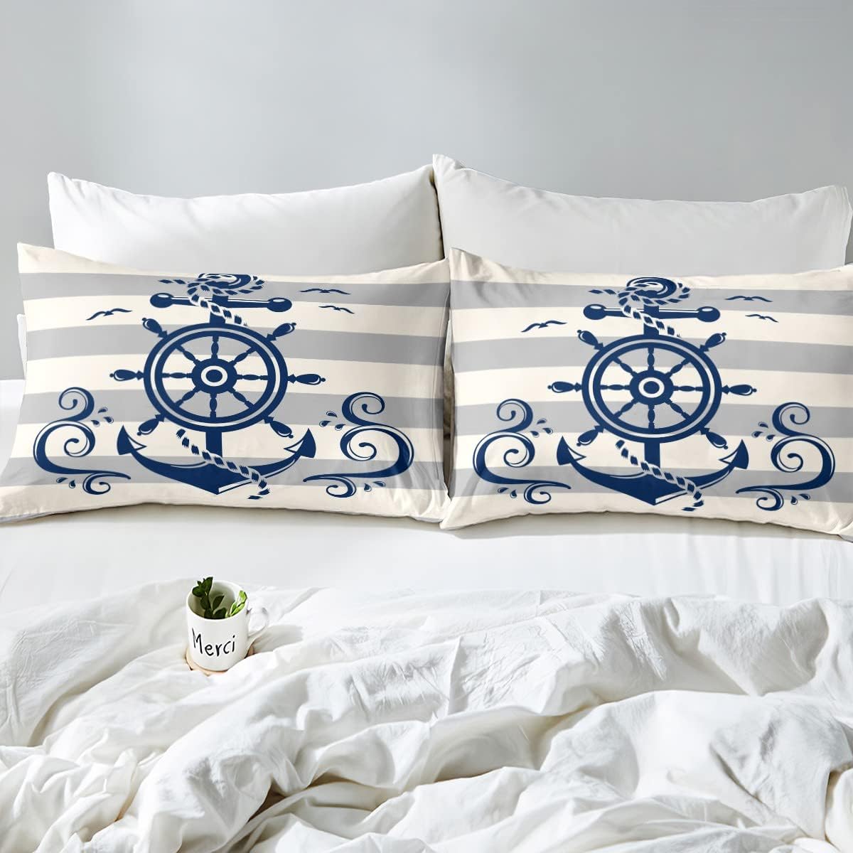 Juego de sábanas bajeras de brújula náutica, tamaño individual, juego de ropa de cama retro con ancla geométrica a rayas para niños, adolescentes y