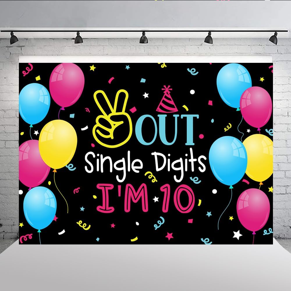 Lofaris Fondo de 7 x 5 pies con un solo dígito con texto en inglés “I’m 10” Happy Birthday para niños, niños o niñas, globo de colores de doble