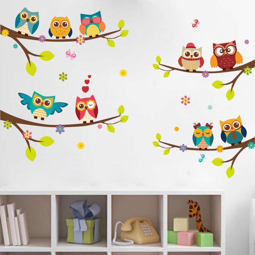 Calcomanías de pared extraíbles de dibujos animados de 9 búhos familiares en ramas de árbol, mural despegar y pegar, decoración del hogar para tus