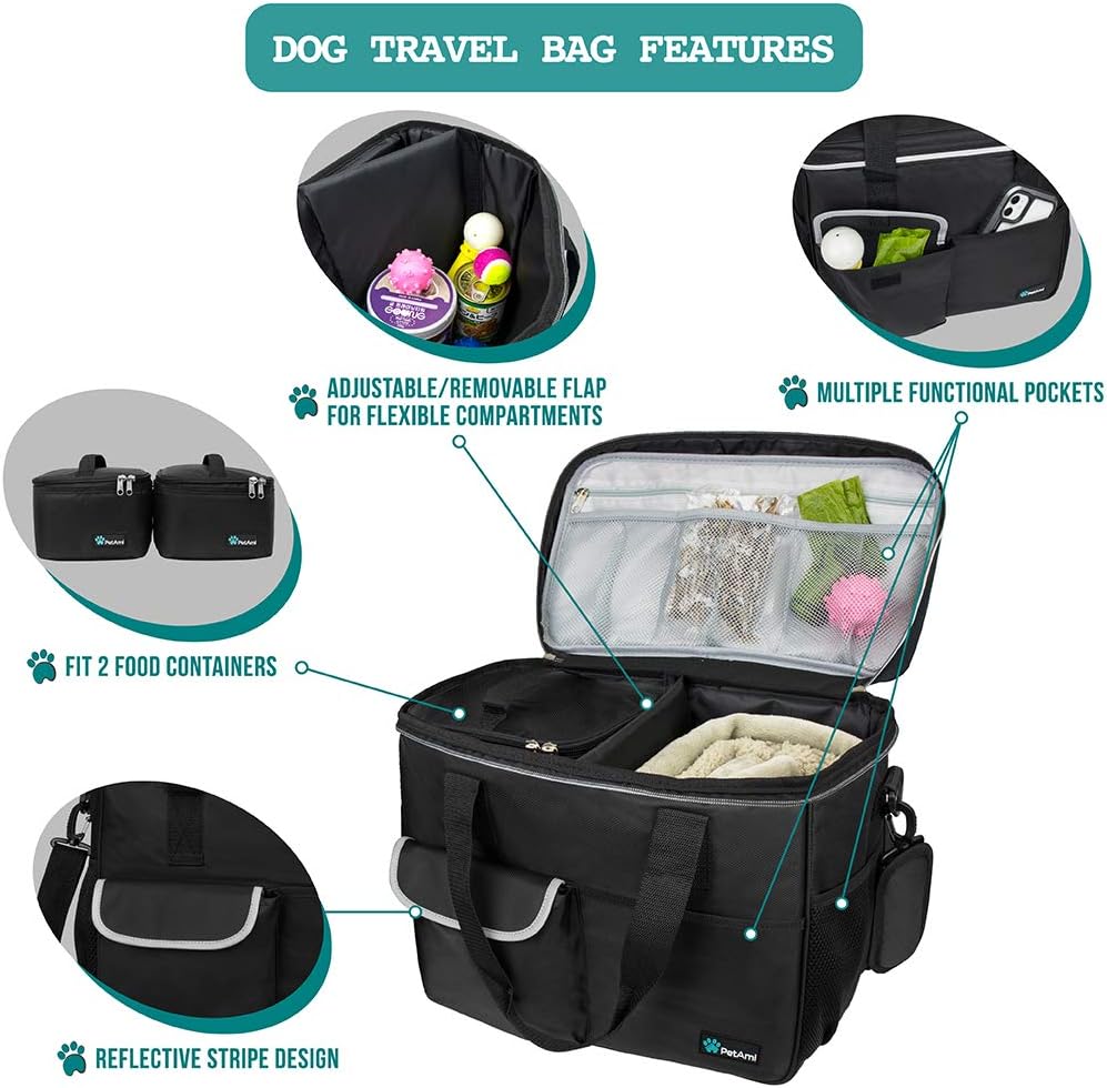 PetAmi Bolsa de viaje para perro, organizador de bolsa con bolsillos multifunción aprobado para aerolíneas, con bolsa contenedora de alimentos y