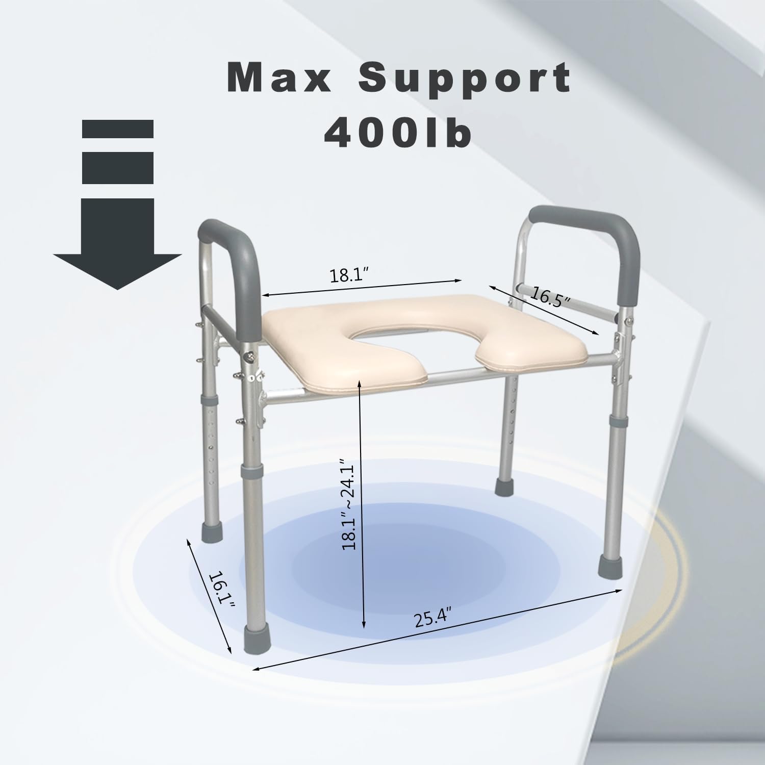Asiento de inodoro elevado con brazos y cojín suave en forma de U, 400 libras, 25.4 pulgadas de ancho, altura ajustable, asiento elevado, asiento