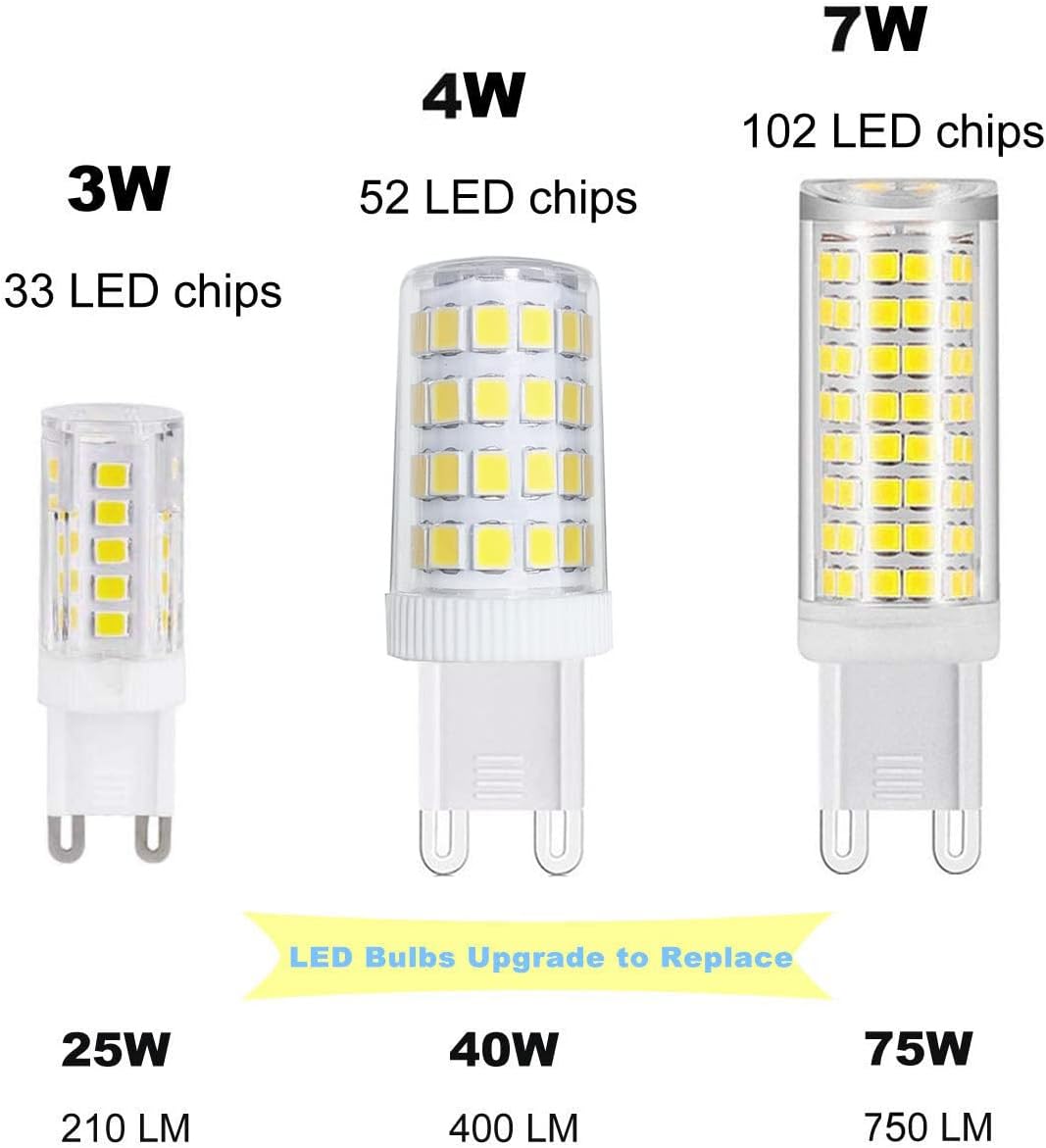 XRZT Bombillas LED G9, color blanco, 6000 K (7 W), 60 W, 75 W, equivalentes a halógenas, T4 750 Lm AC120V G9, bombillas de araña para iluminación