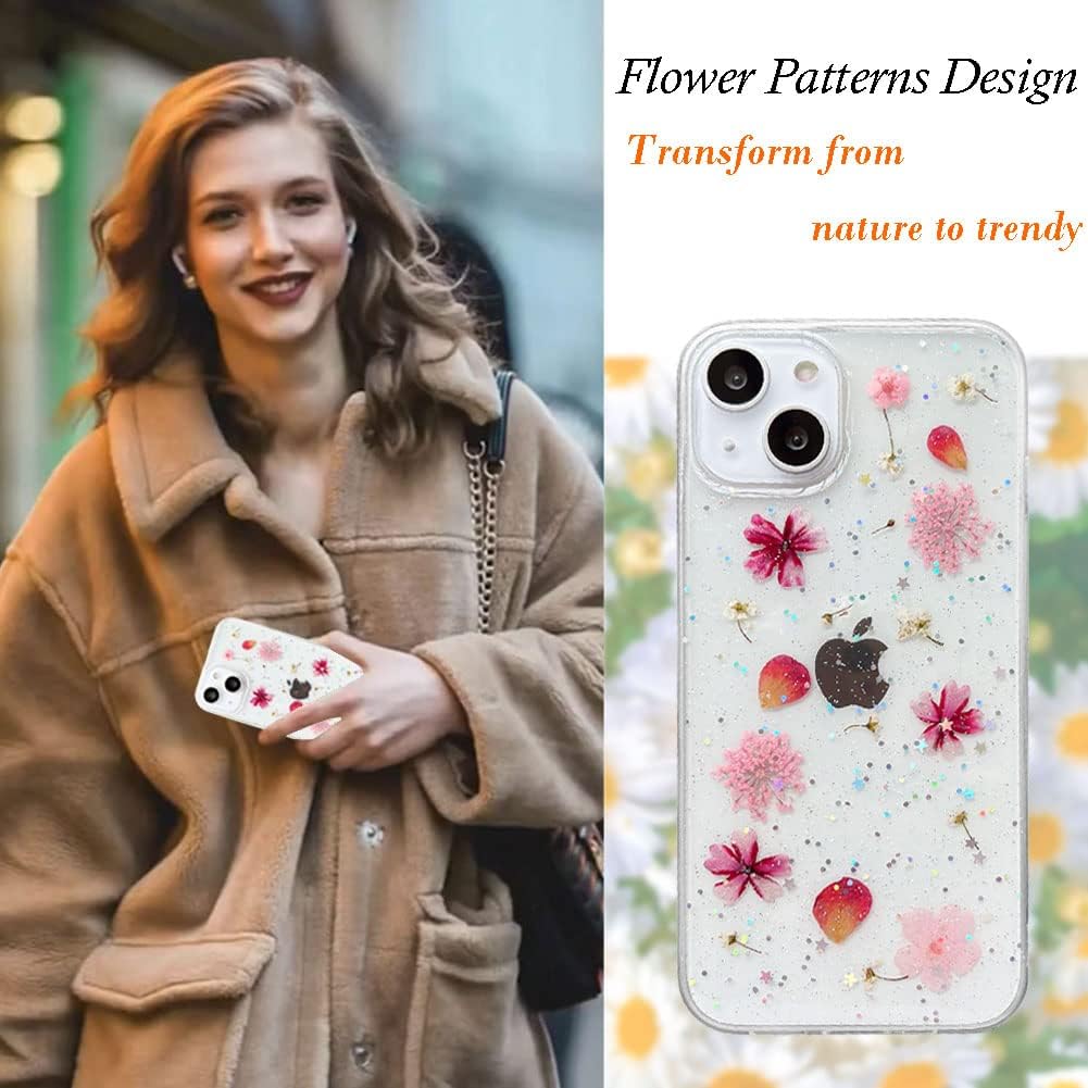 Diseñada para iPhone 13, funda estética brillante transparente con diseño de flores naturales, TPU suave prensado floral real, a prueba de golpes,