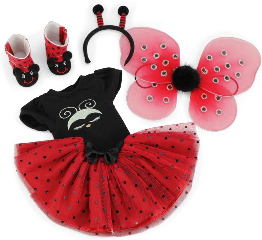Emily Rose Ropa de muñeca de 14 pulgadas  Magical Lady Bug 5 piezas 14.5 pulgadas muñeca disfraz de Halloween traje con alas extraíbles, diadema de