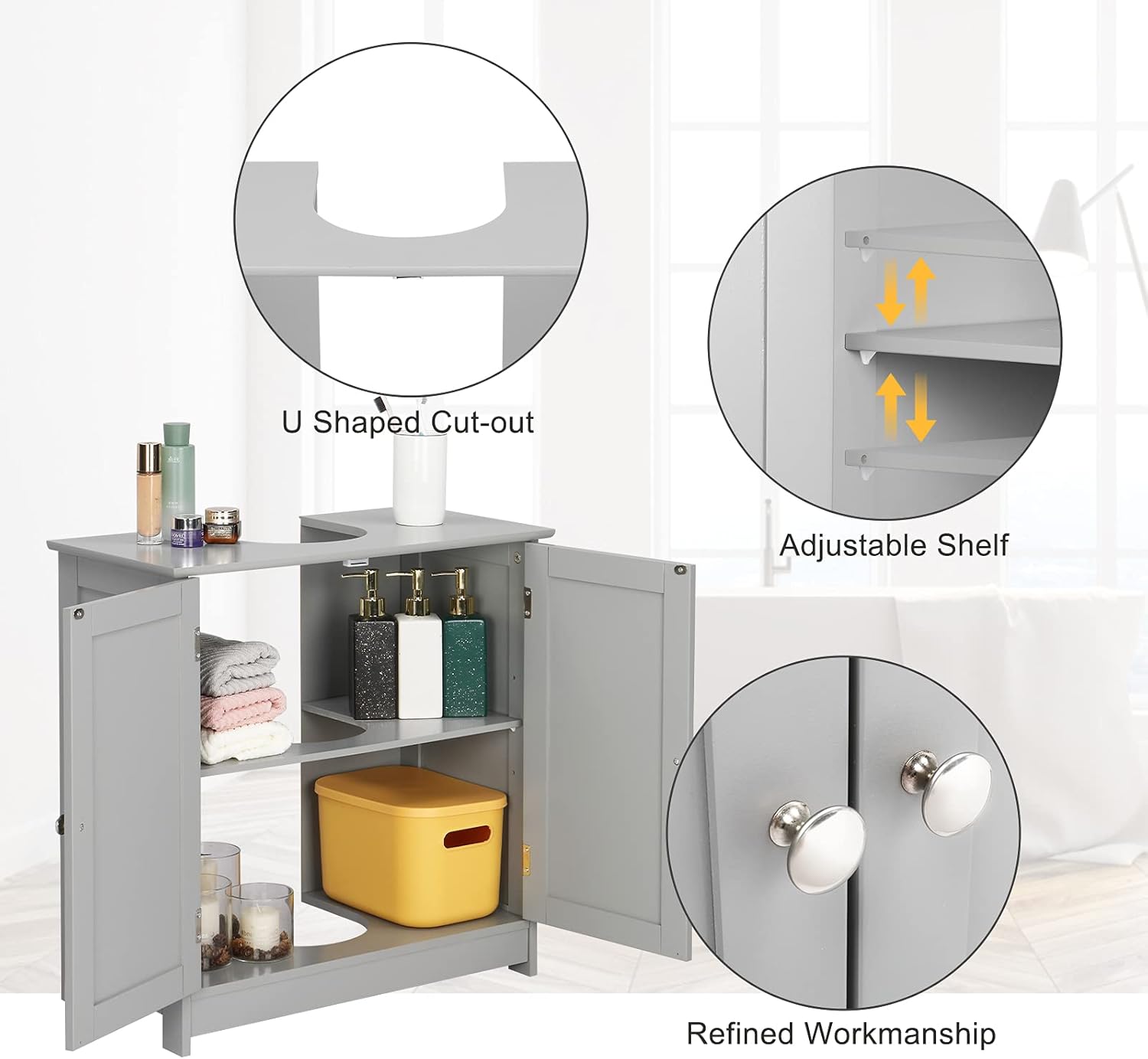 Bonnlo Mueble de baño con pedestal para debajo del fregadero, con 2 puertas, organizador tradicional de ahorro de espacio, 23 58 x 11 716 x 23 58