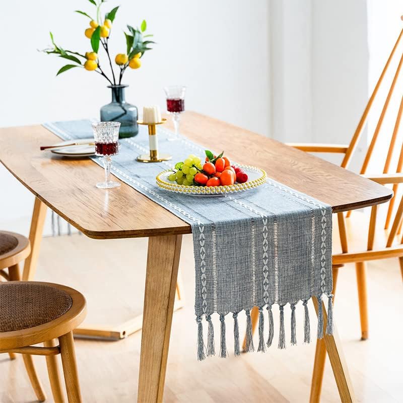 Camino de mesa retro de lino de algodón tejido a mano con borlas, perfecto para decoración del hogar de boda, mesas de comedor, antiestático, camino