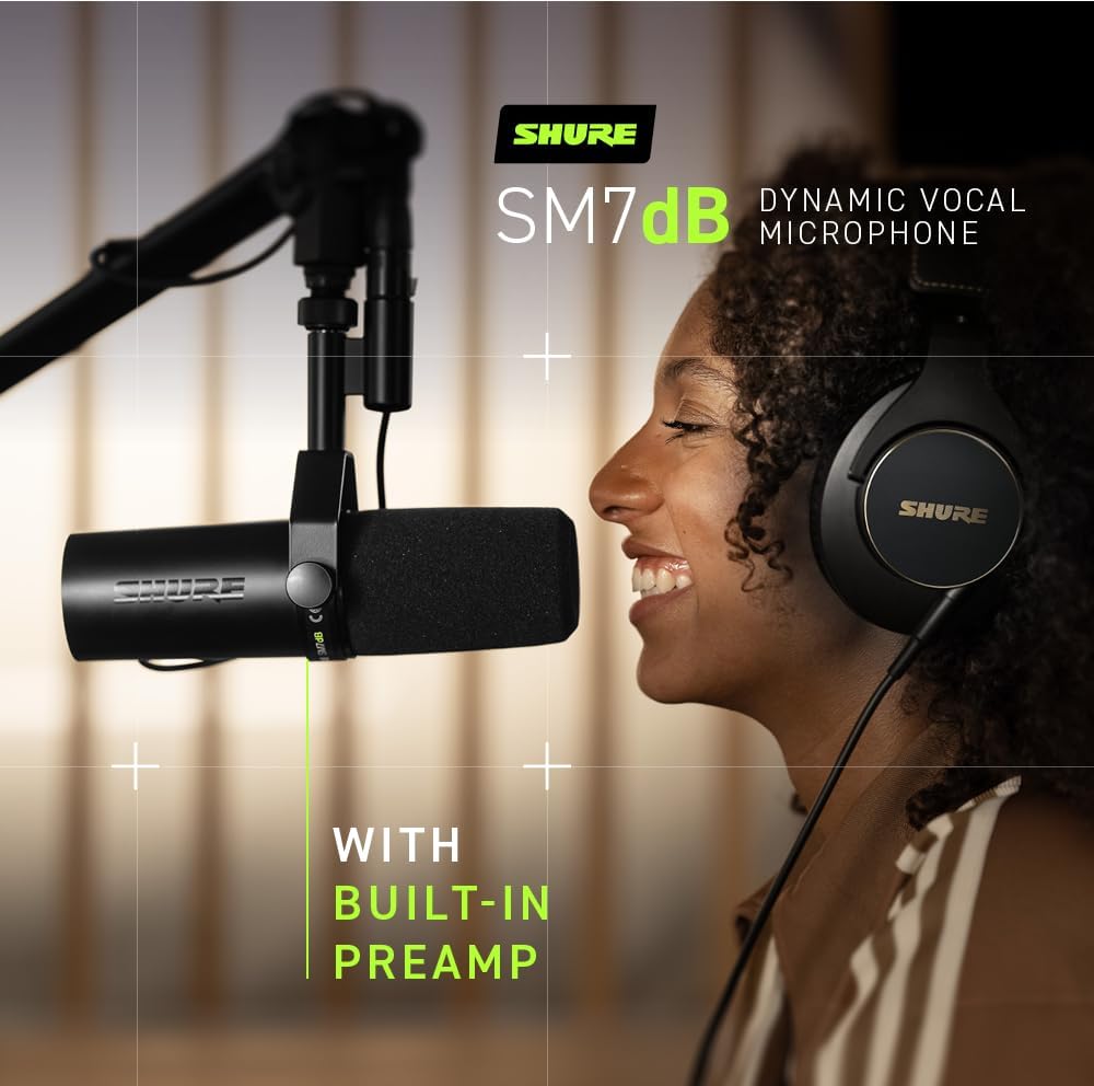 Shure SM7dB Micrófono vocal dinámico con preamplificador integrado para transmisión, podcast y grabación, frecuencia de amplio alcance, sonido