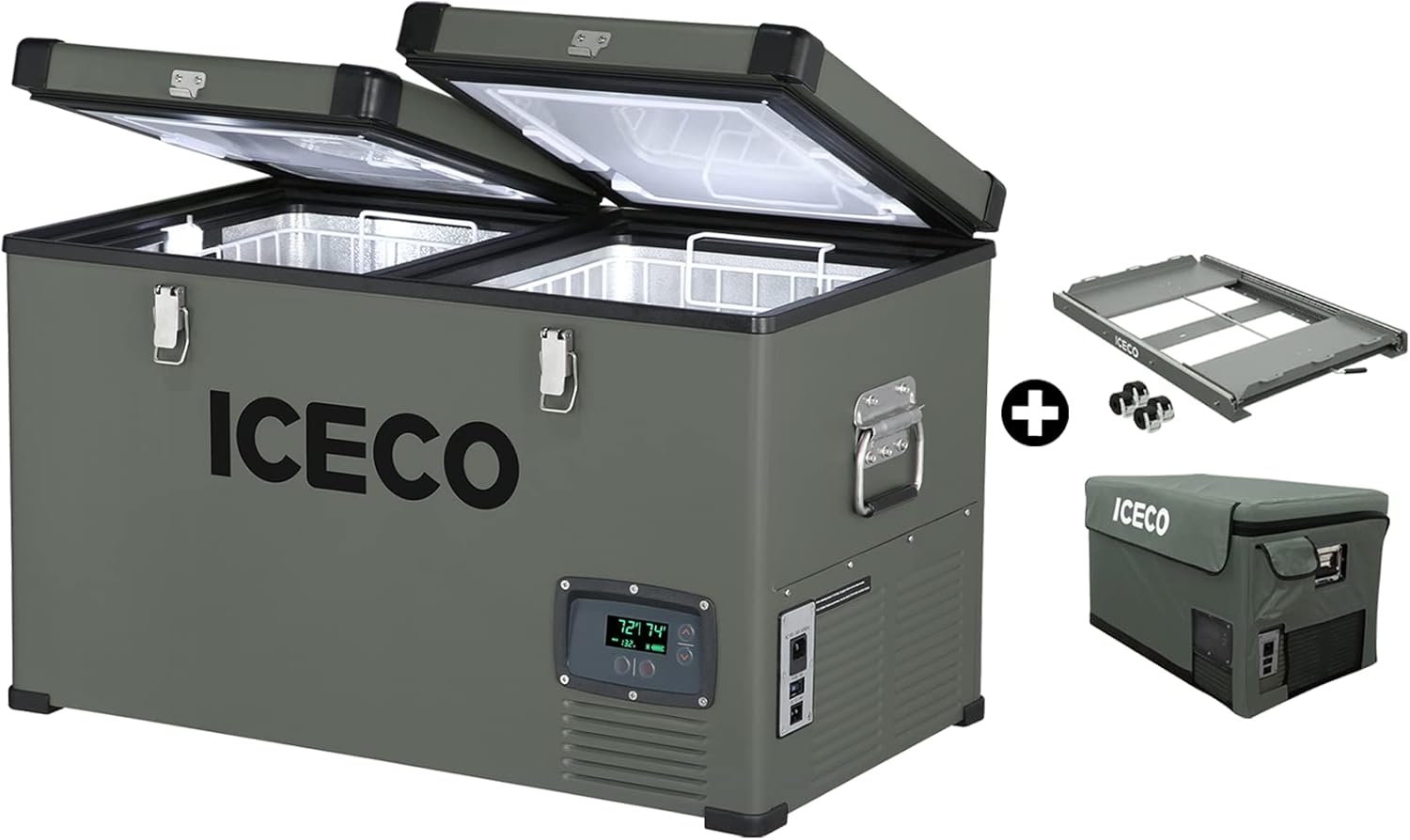 ICECO Refrigerador portátil de 68.6 cuartos de galón de control independiente de doble zona con compresor SECOP, CA 110 VCC 12 V congelador para