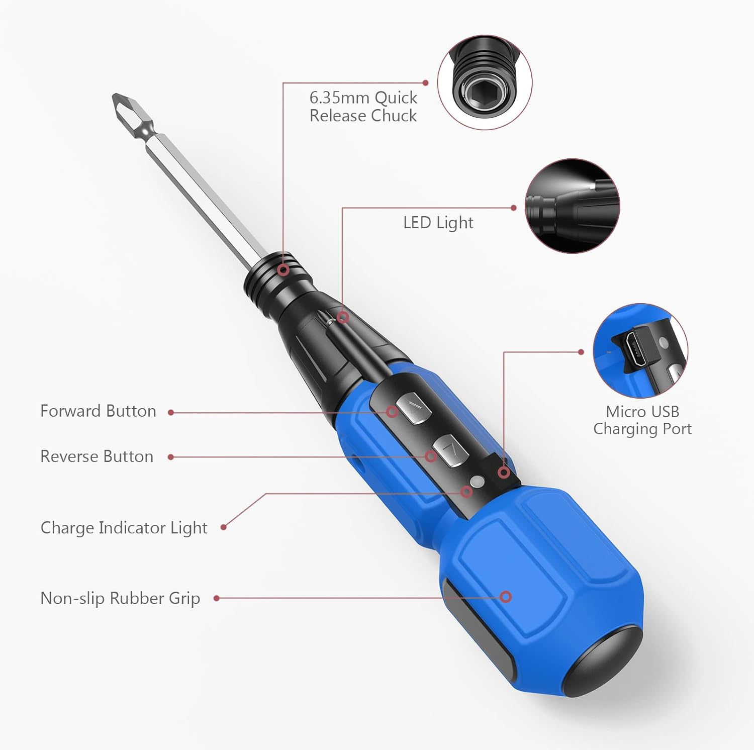 Destornillador eléctrico inalámbrico, mini juego de destornilladores eléctricos con 10 puntas, soportes para puntas, luz de trabajo LED, cable de