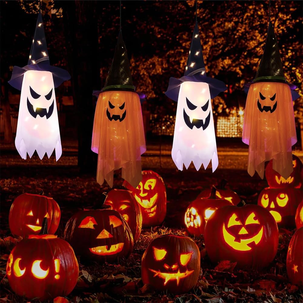 Decoraciones de Halloween para decoración al aire libre, 2 piezas de sombrero de bruja fantasma iluminado brillante de 38 pulgadas de largo,